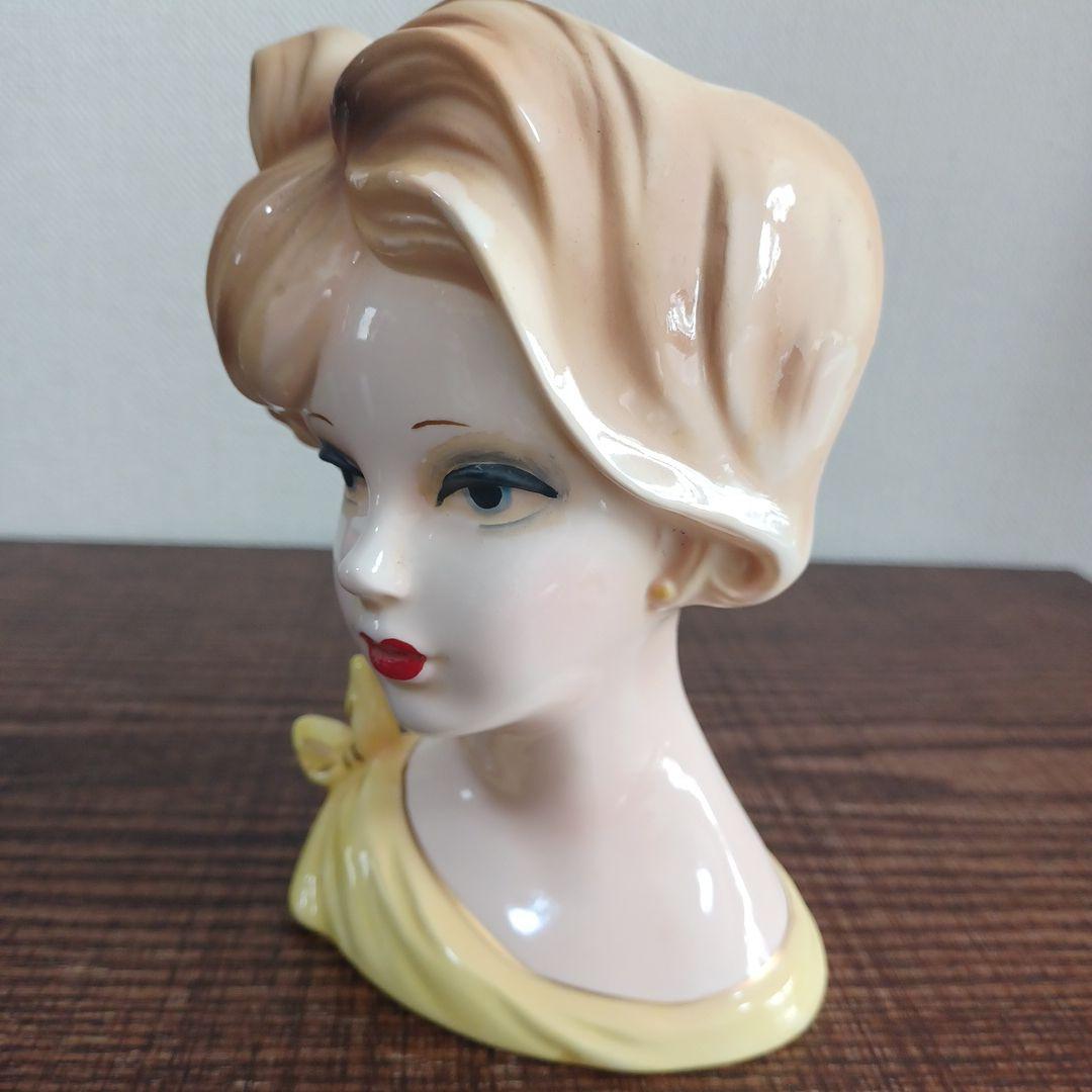 ビンテージ レディヘッドベース 陶器製置物花瓶　紫とイエローのドレス　2点セット