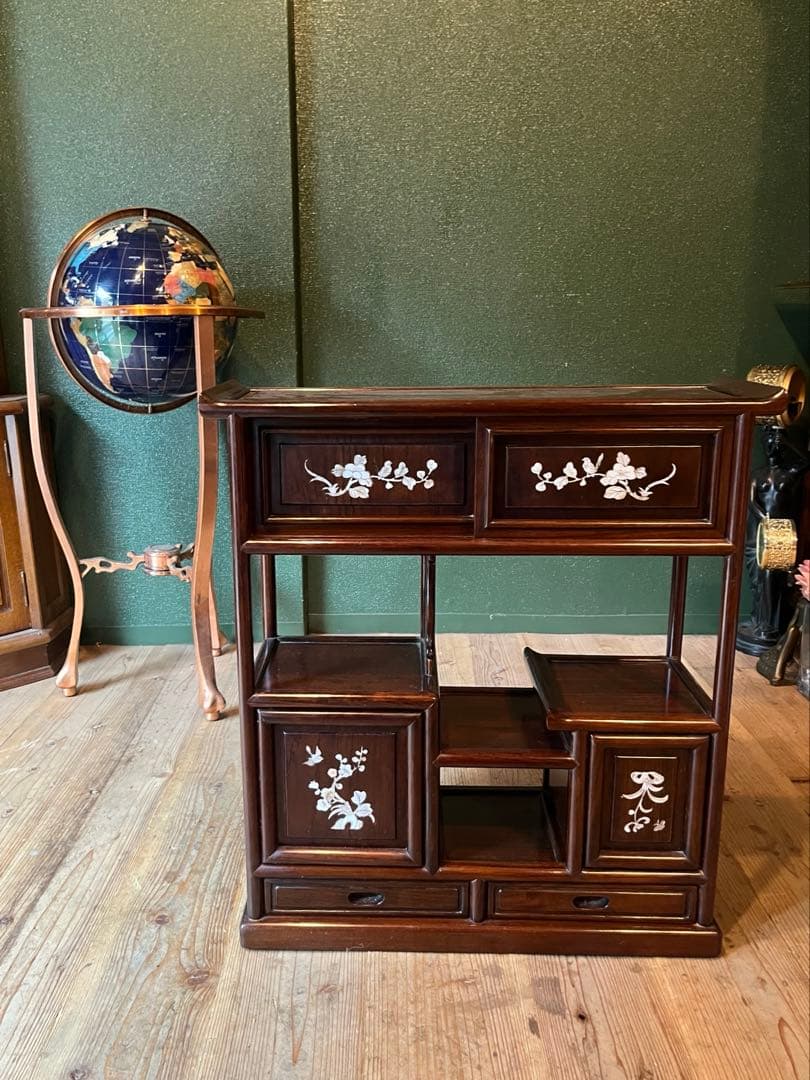 ジョンジョン＊螺鈿 紫檀 茶箪笥 飾り棚 小ぶり 違い棚 和風 昭和レトロ