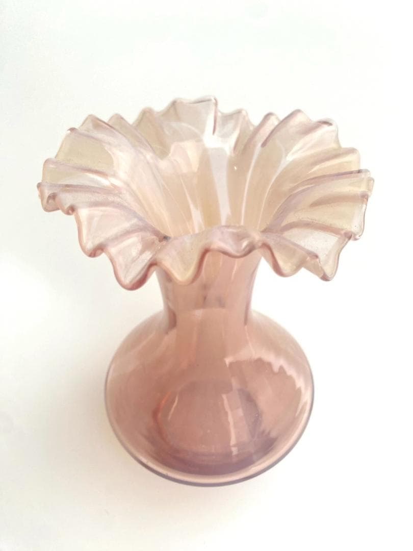 花瓶 ラトビアガラス フリル ×マーブル ピンク フラワーベース 花器 ①