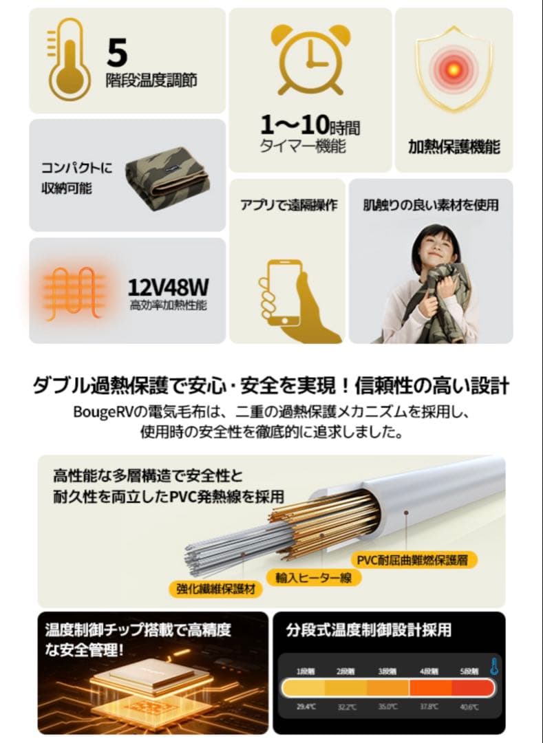 新品‼️BougeRV 12V電気毛布✨2個セット✨180×130✨5段階温度調整