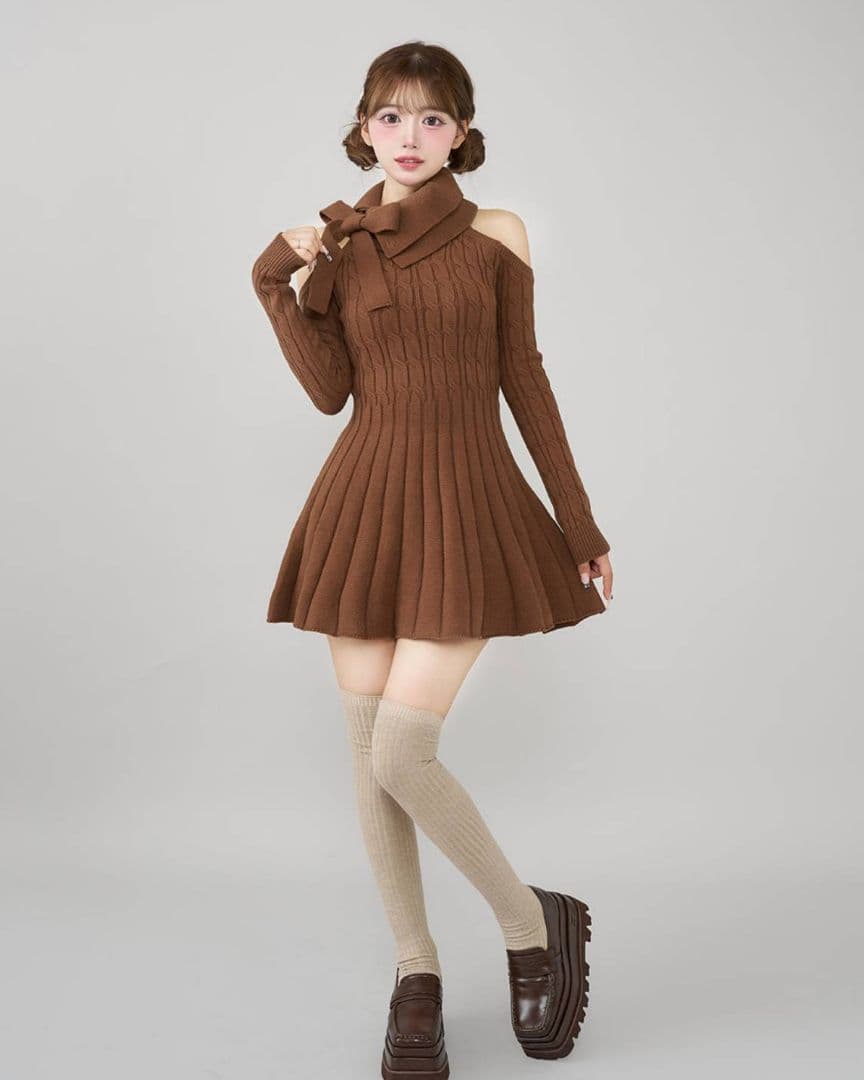 ダーリッチ アメスリフレアニットミニワンピース 茶色