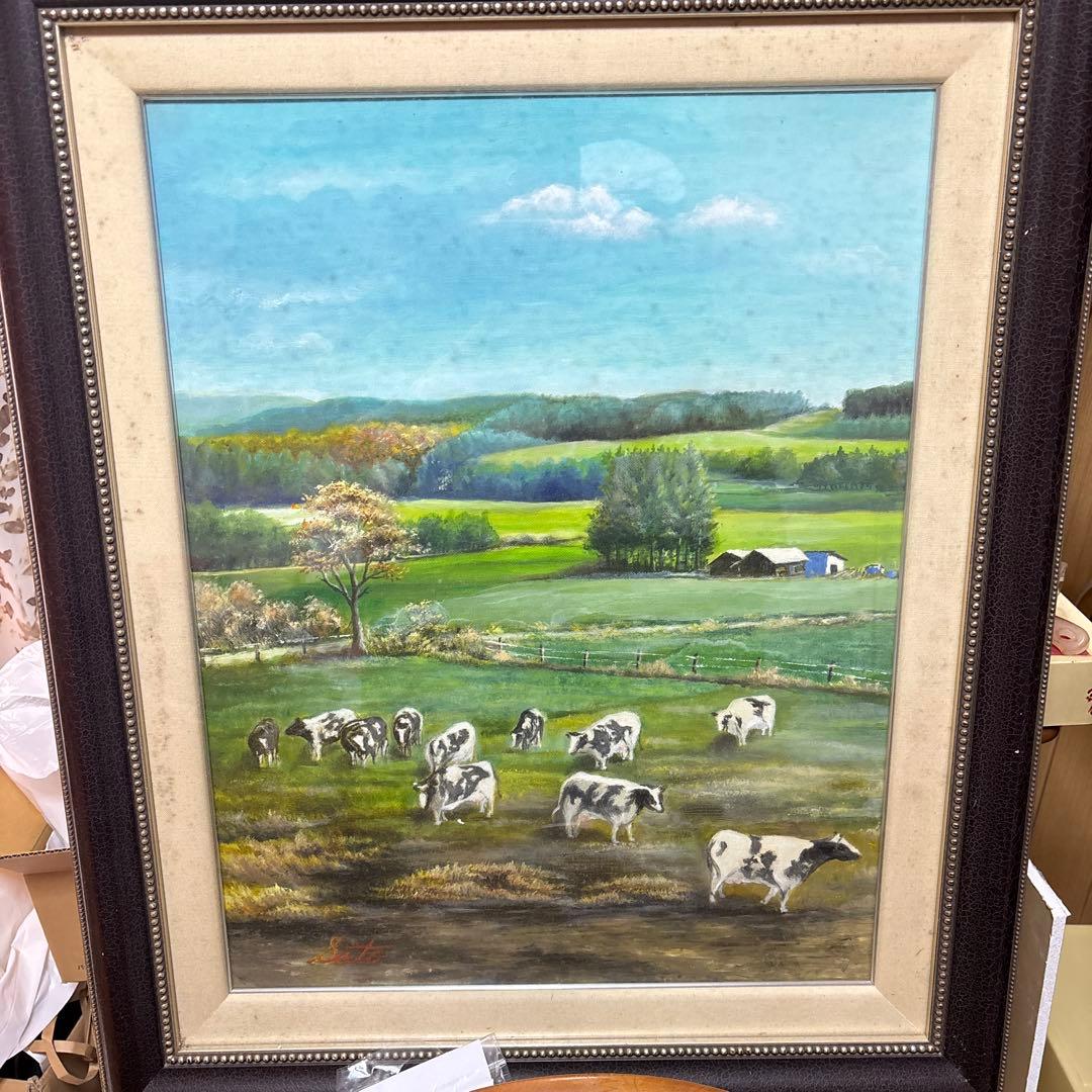 油彩画 牧場の風景 牛たち