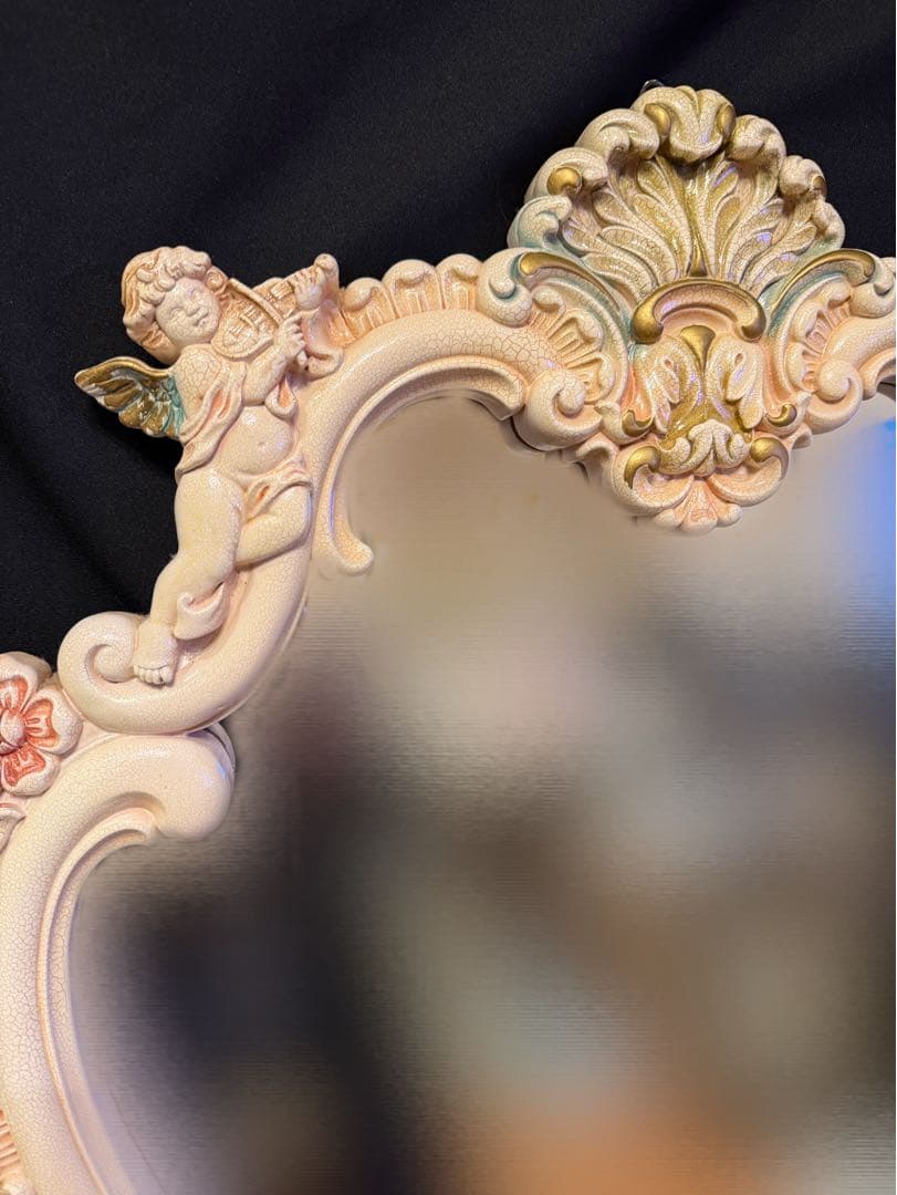 大型 96cm エンジェル(天使) フラワーデザイン ロココ様式 ウォールミラー