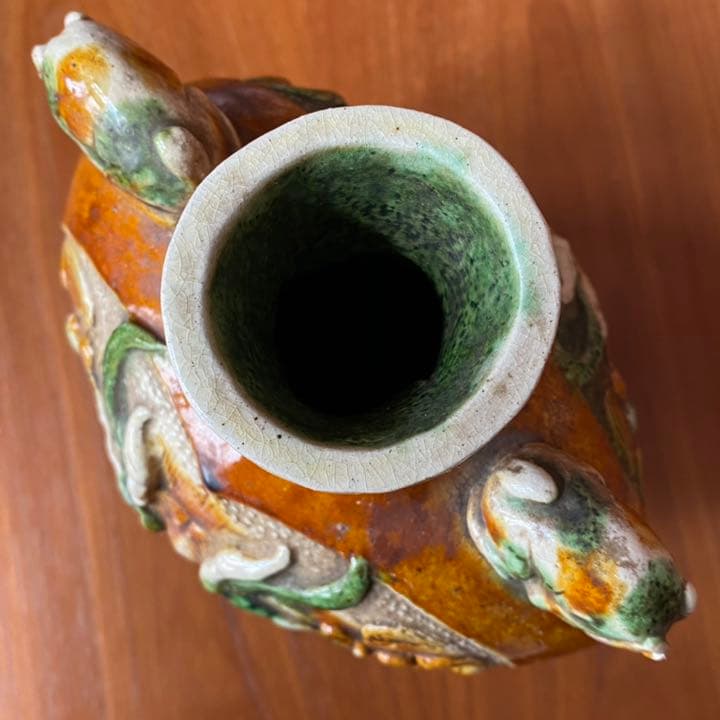 唐三彩色の花瓶　壺　龍顔　　骨董