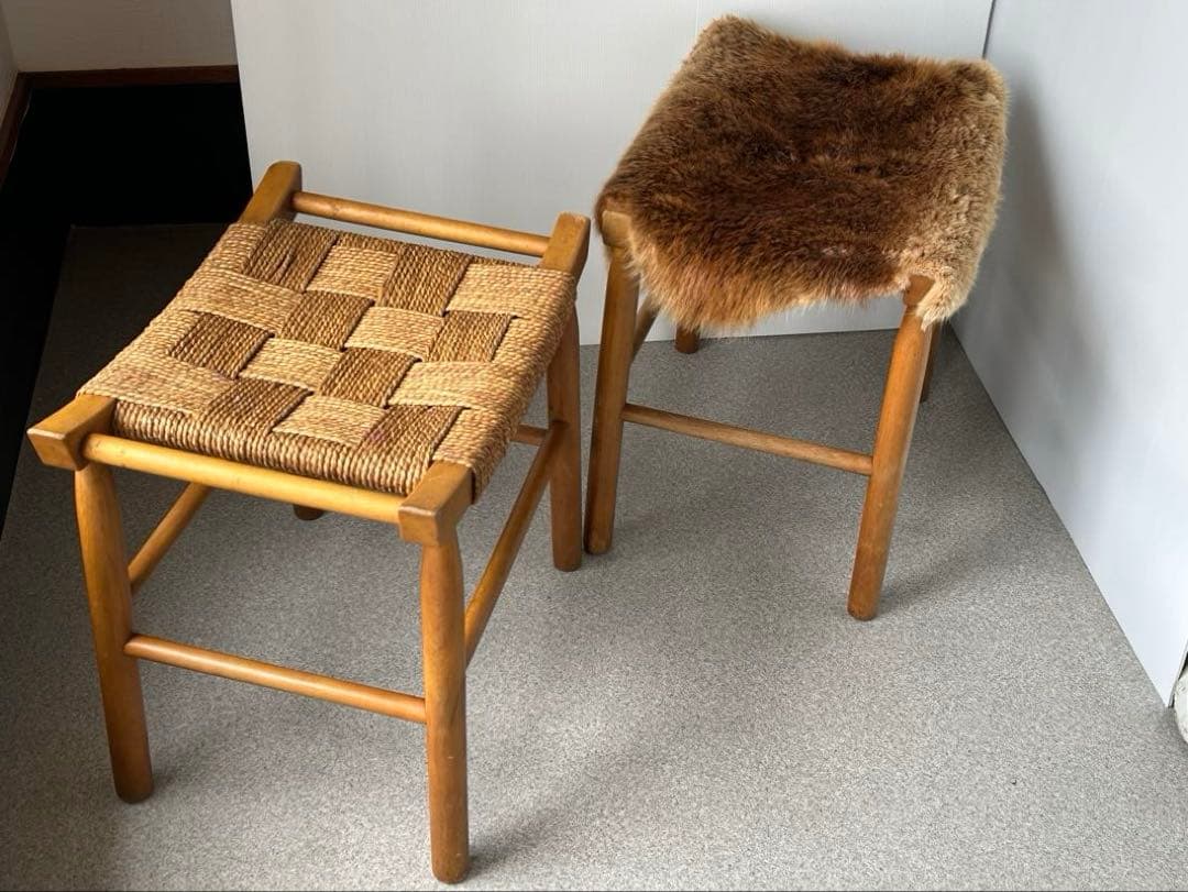 ヴィンテージ　木製スツール　木×ラッシ　編み　椅子　アンティーク　2脚　フット