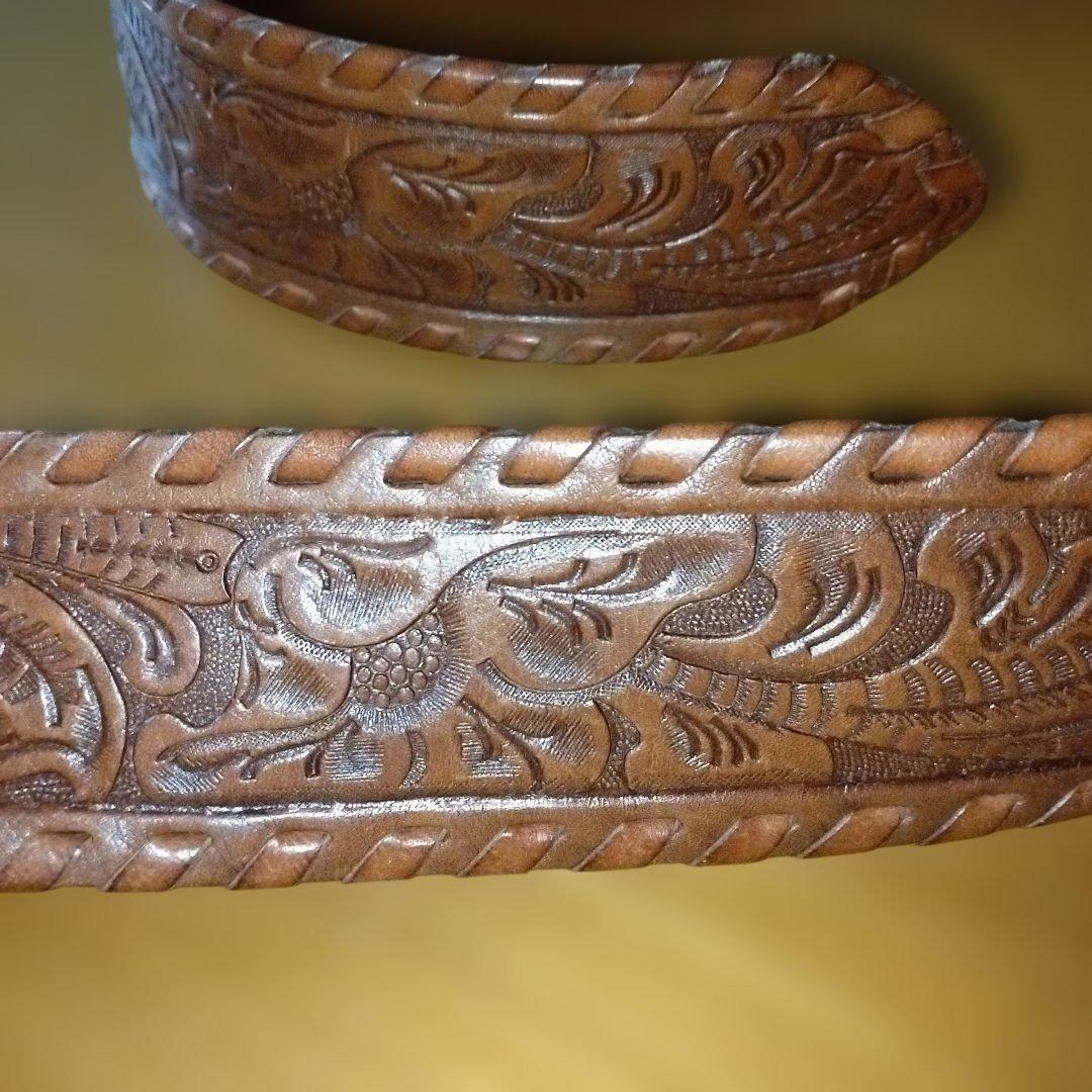 ラルフローレン　ベルト　S　ブラウン　本革　型押し　総柄　幅広　バックル金色