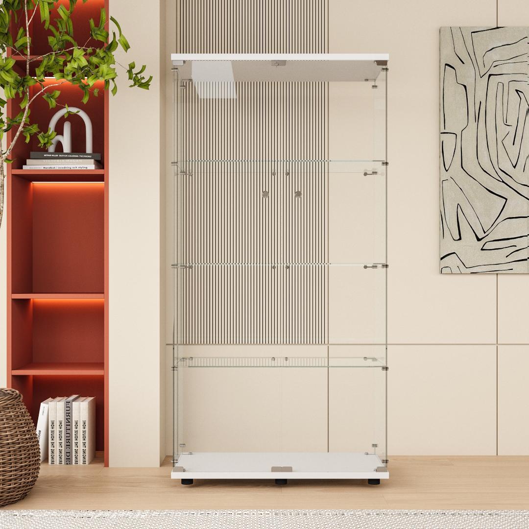 ぴーたこ【新品】コレクションケース ガラス 4段ワイド 棚 ホワイト