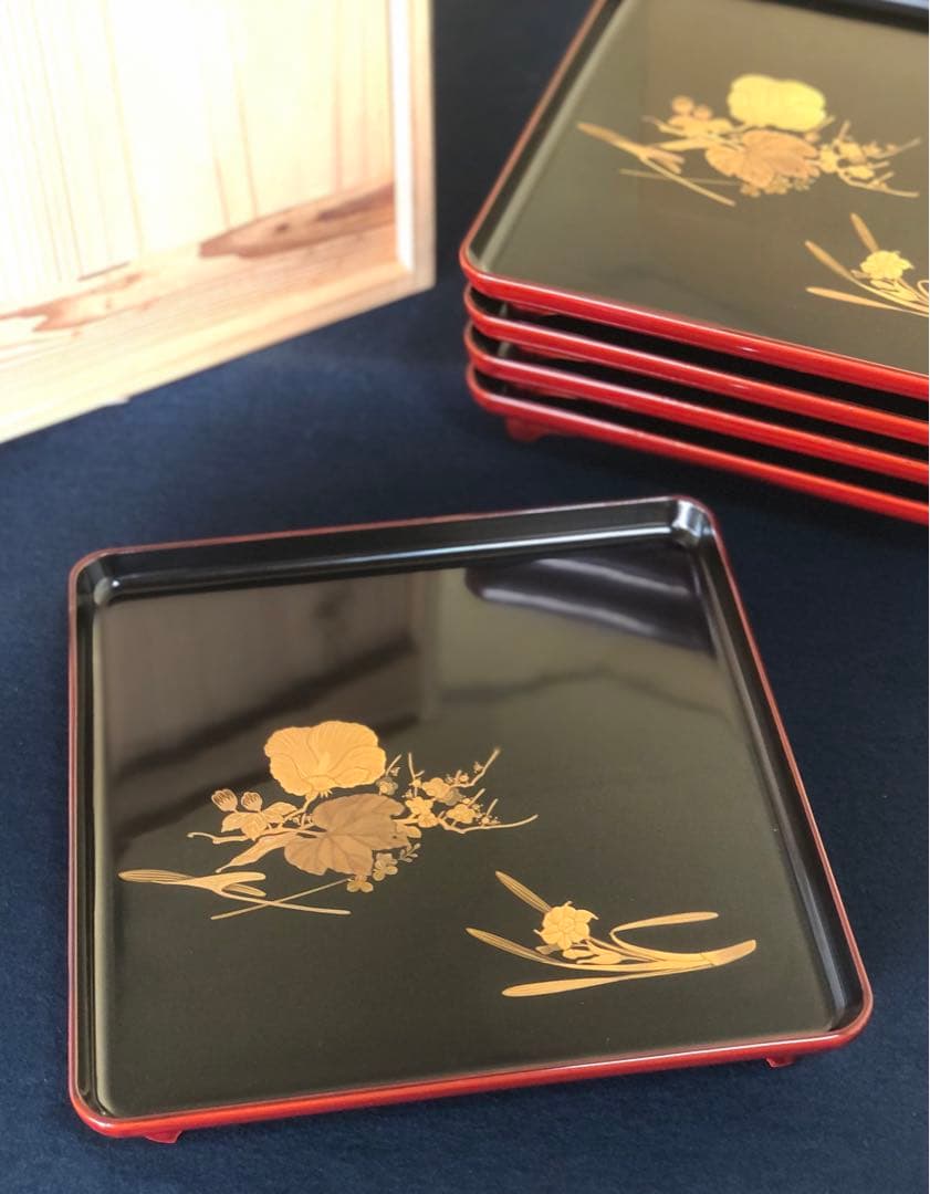 《R》研ぎ出し蒔絵 青貝 脚付 会席膳5客 木製漆器 木箱　260128く2