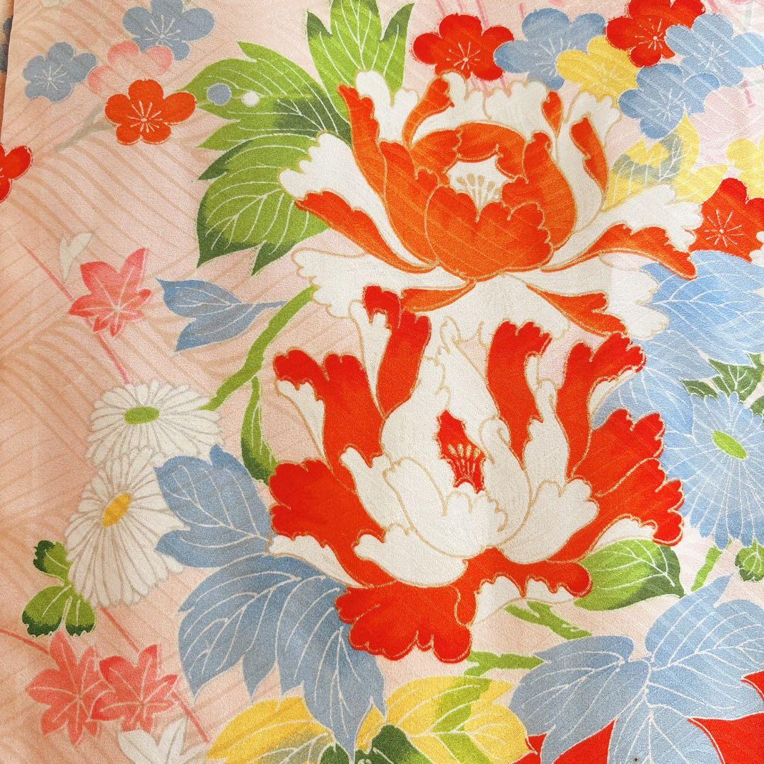 美品　お宮参り　産着　祝着　0歳　女の子　オレンジ　鳥　金糸　長襦袢なし7003