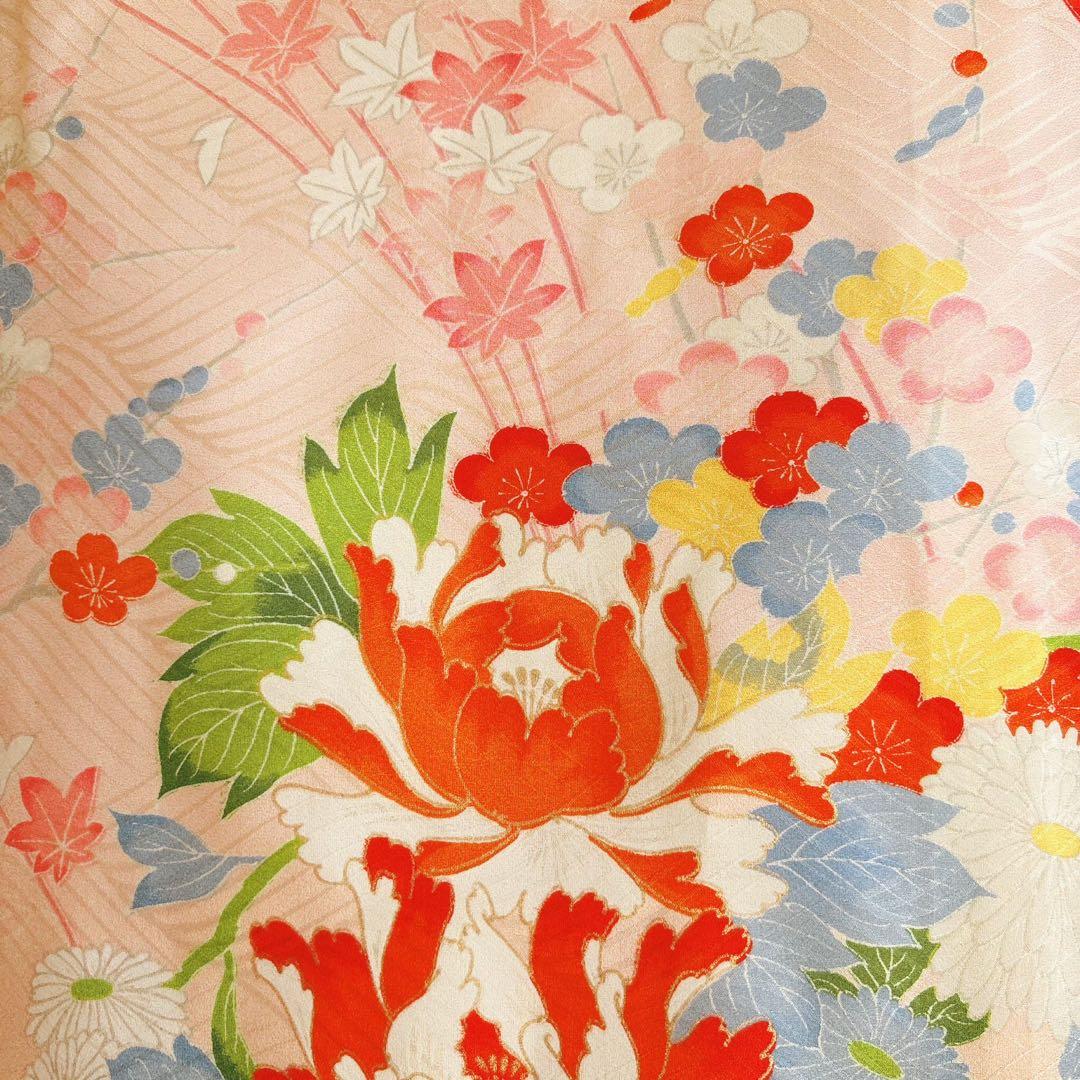 美品　お宮参り　産着　祝着　0歳　女の子　オレンジ　鳥　金糸　長襦袢なし7003