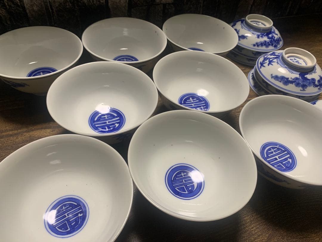 古伊万里 染付 松竹梅 吉祥紋様 蓋付茶碗 8客揃え 大明成化年製銘 美品