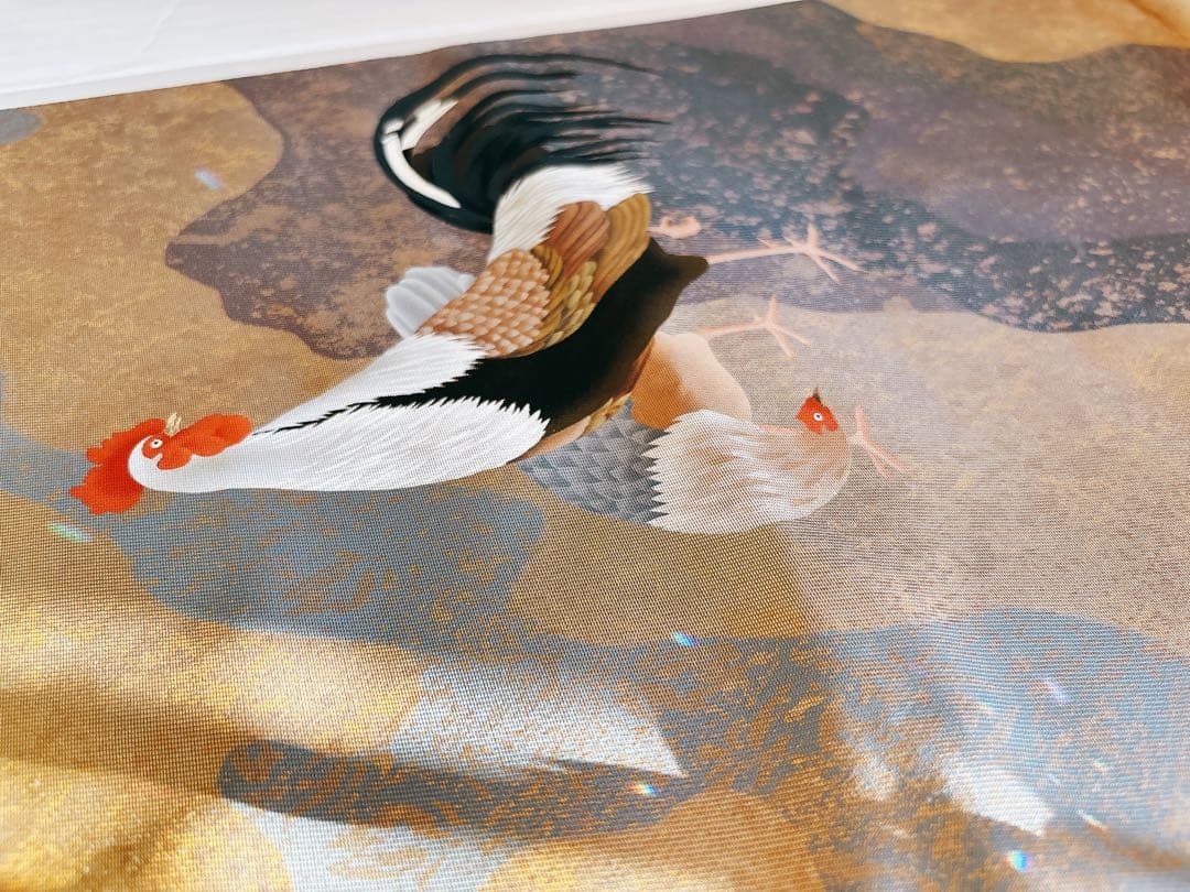 手描きの鶏ニワトリとひよこが可愛い箔の袋帯　六通　グレー灰色金箔銀箔