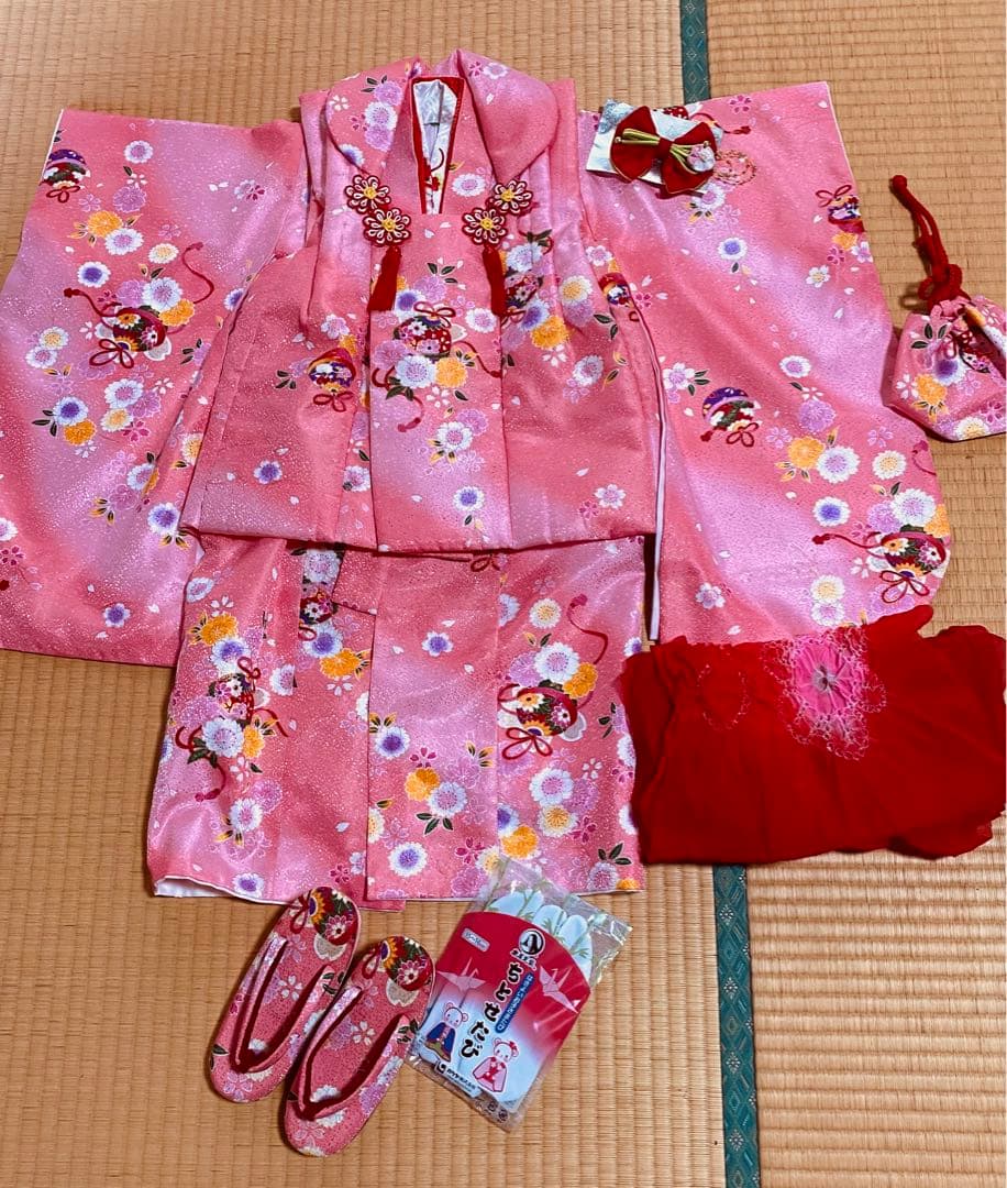 七五三　3歳　女の子セットおひな祭り　セット　着物　被布　草履　ピンク　美品