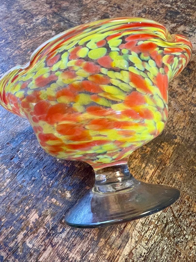 大正ロマン　吹雪紋氷コップオレンジ　ウランガラス　和ガラス　アンティーク　古道具