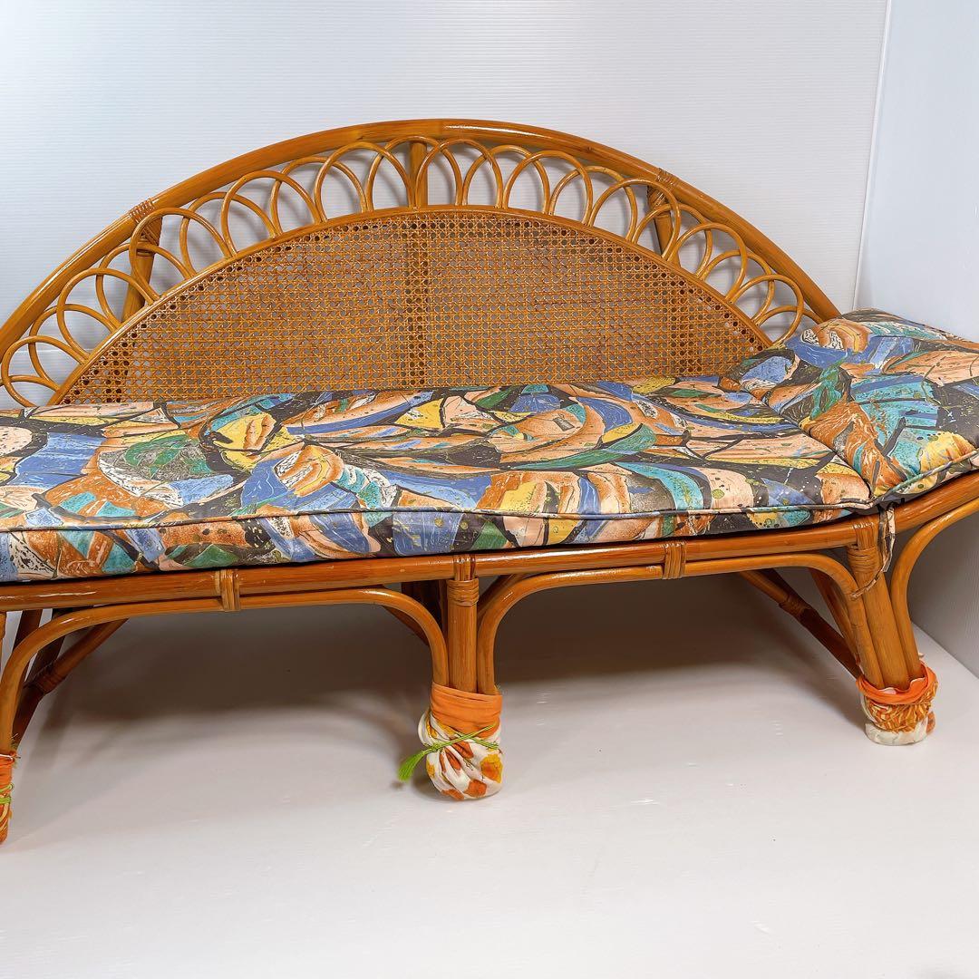 ヴィンテージ ラタン 籐 ソファ ベンチ 2人掛け 昭和レトロ　クッション付き