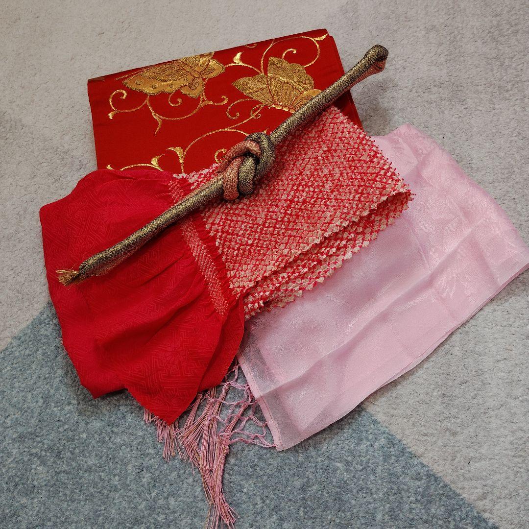 七五三 7歳 正絹綸子 セミアンティーク 着物 帯 バッグ 草履 小物セット