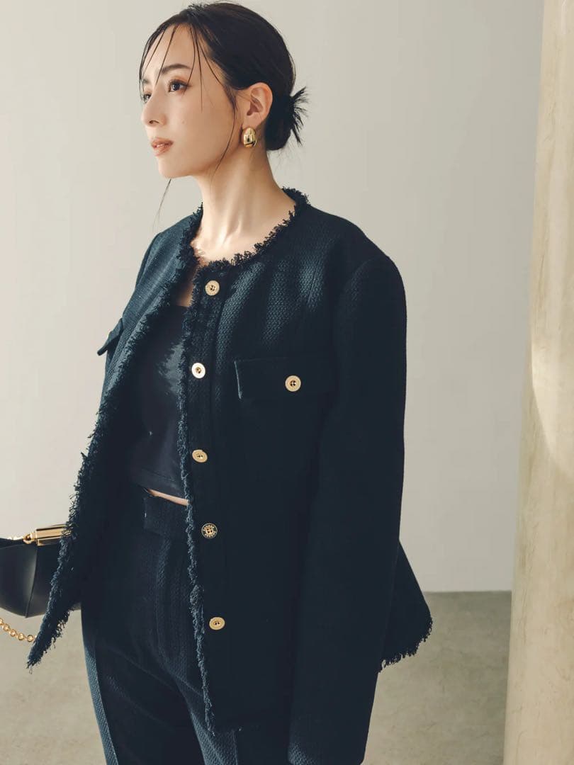 anuans ツイードノーカラーフォルムジャケット　ネイビー