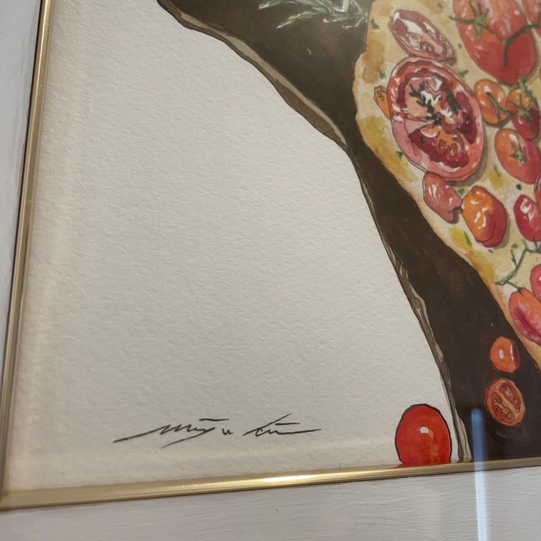 ピザとハーブの水彩画　絵画