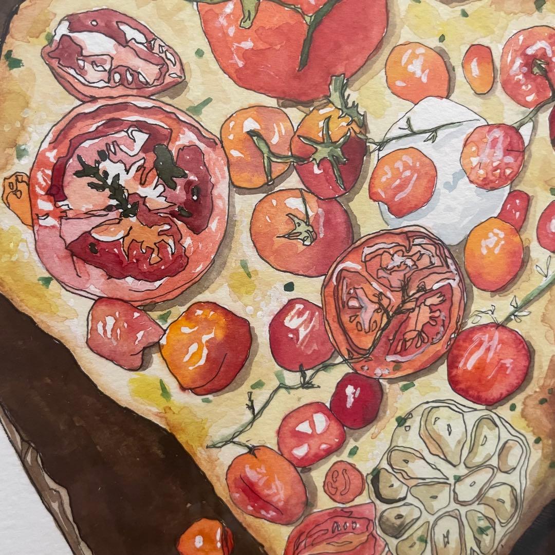 ピザとハーブの水彩画　絵画