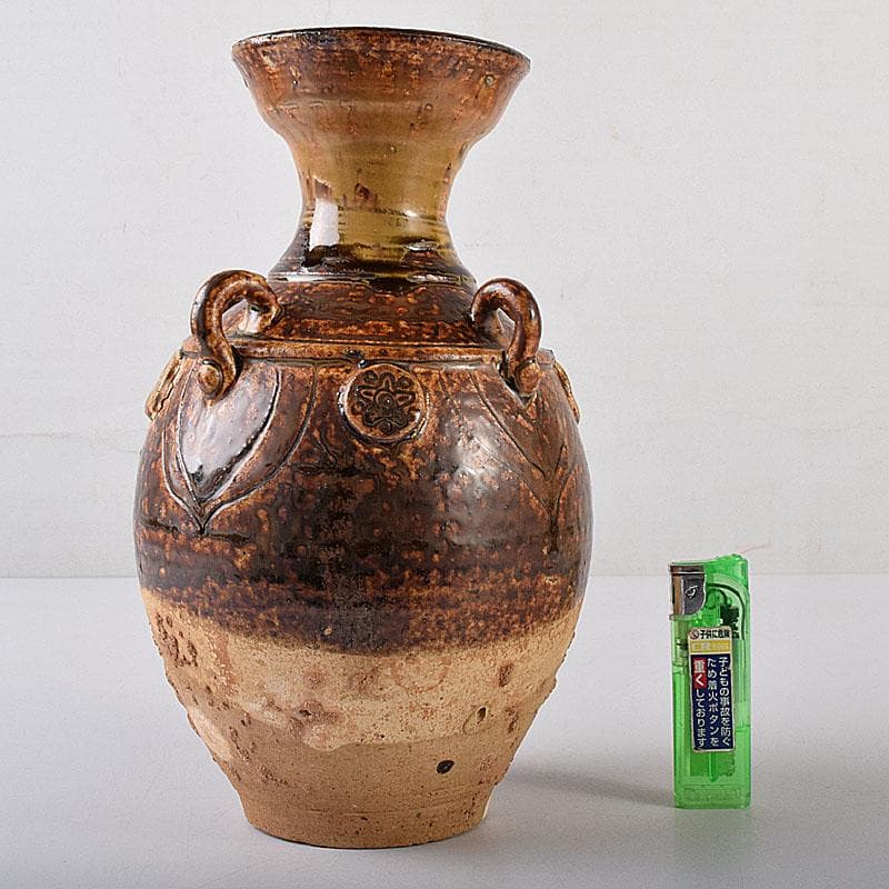 中国　遼褐釉　花文　四耳碗口壷　V　R8153