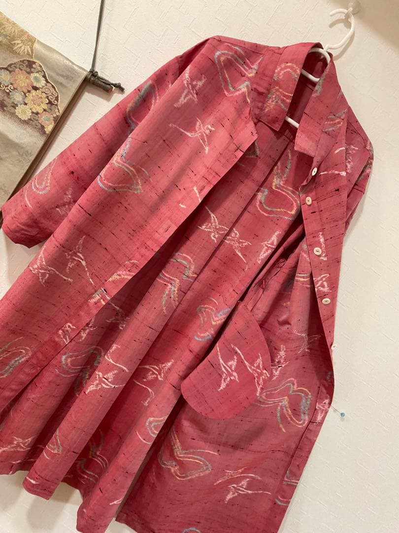 着物リメイク❣️ぴんくの紬からシャツカラーコート❣️