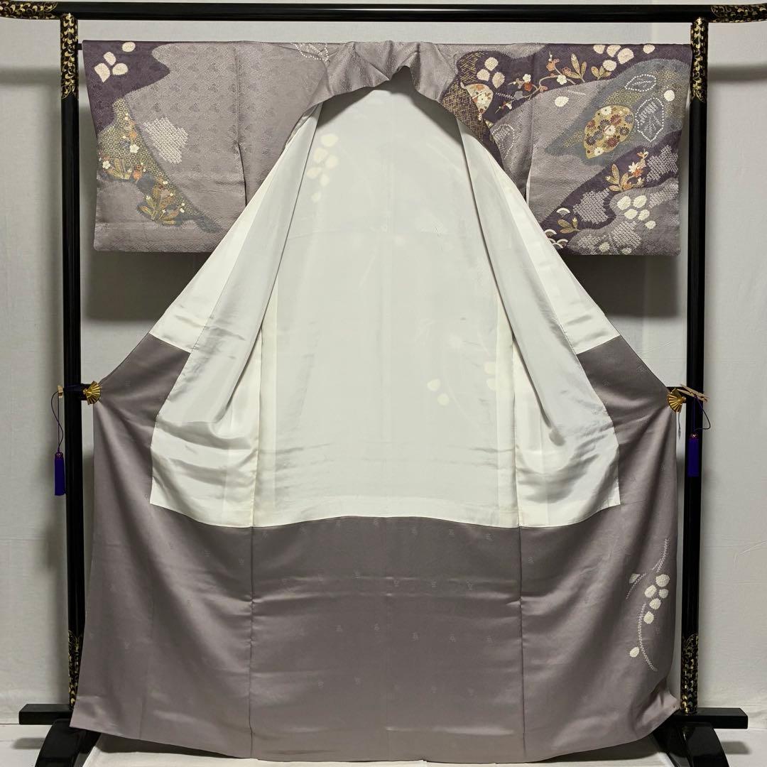 D169 訪問着　絞り　金駒刺繍　葉っぱ　正絹　着物　袷　極美品