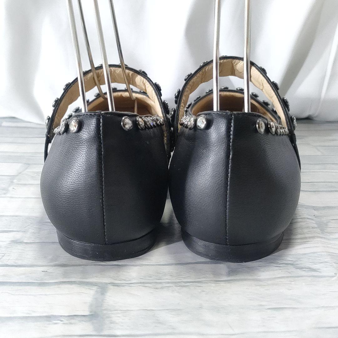 美品✨ジミーチュウ　レザーフラットパンプス　ビジューストラップ　黒　37