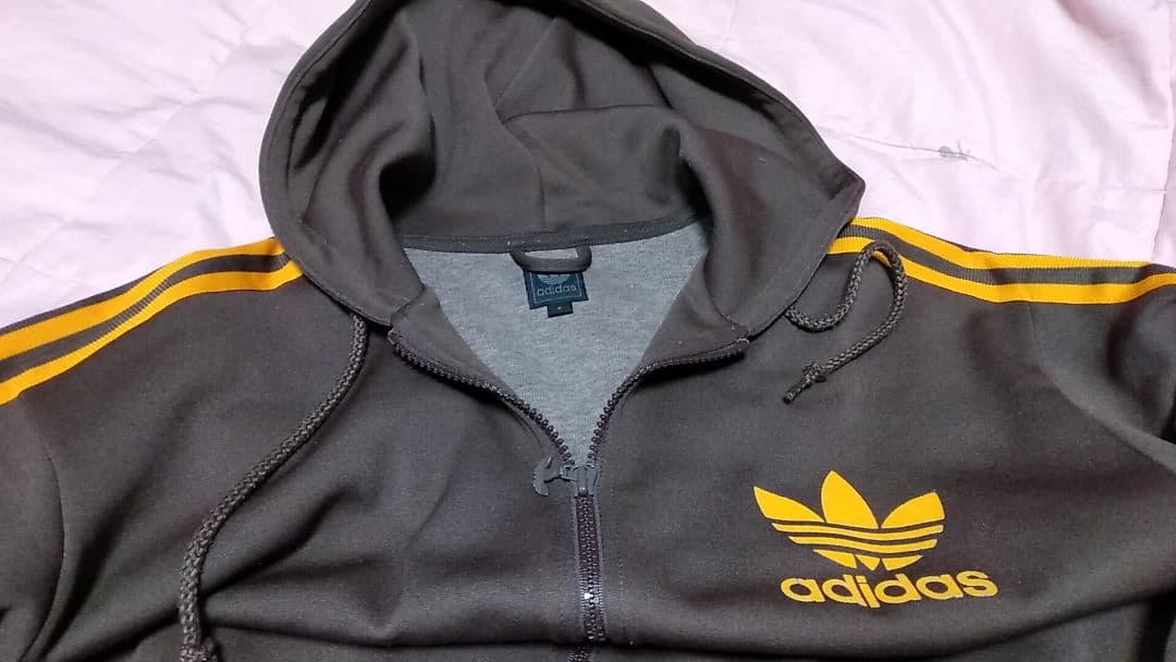 アディダス ジャージ生地 フルジップパーカー 茶色×オレンジ線 O（LL）