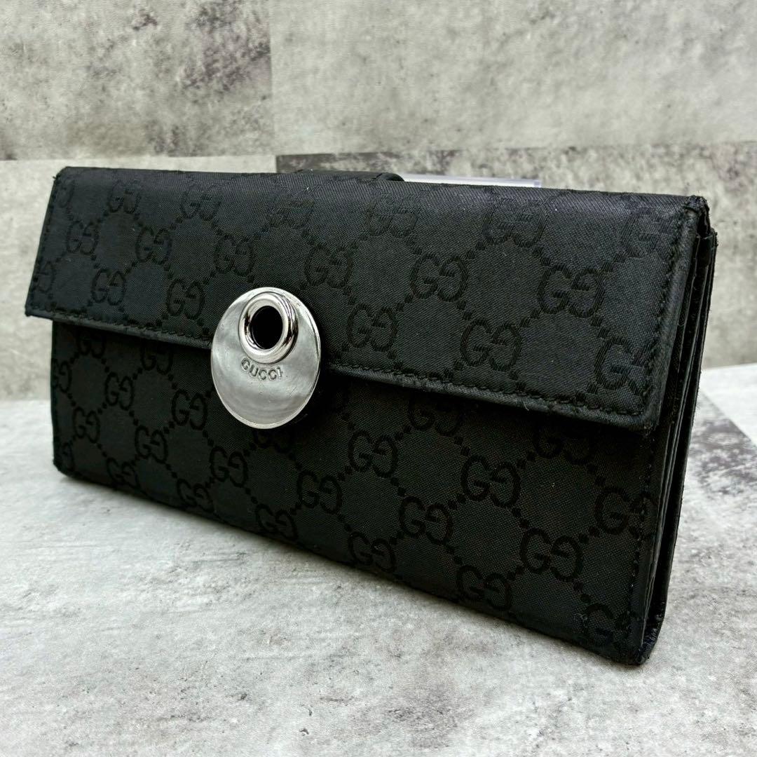 美品 グッチ GGキャンバス Wホック 長財布 折り財布 金具 型押し ブラック