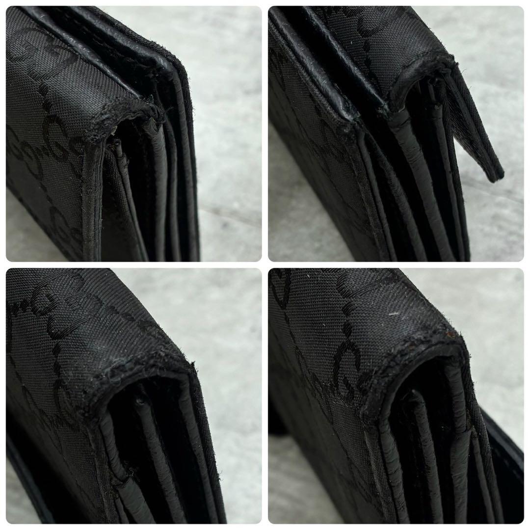 美品 グッチ GGキャンバス Wホック 長財布 折り財布 金具 型押し ブラック