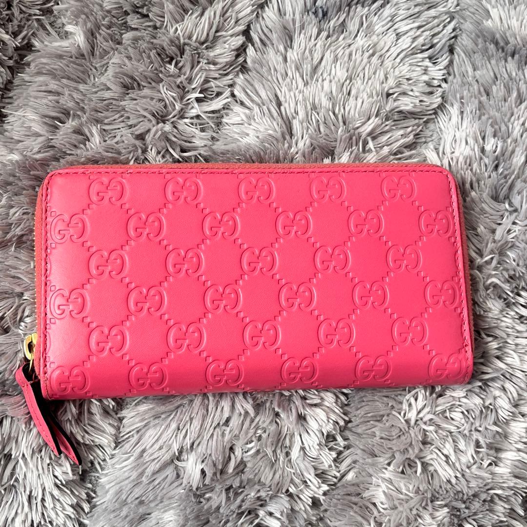 美品✨GUCCI シマ　ラウンドファスナー　ピンク　長財布　レディース