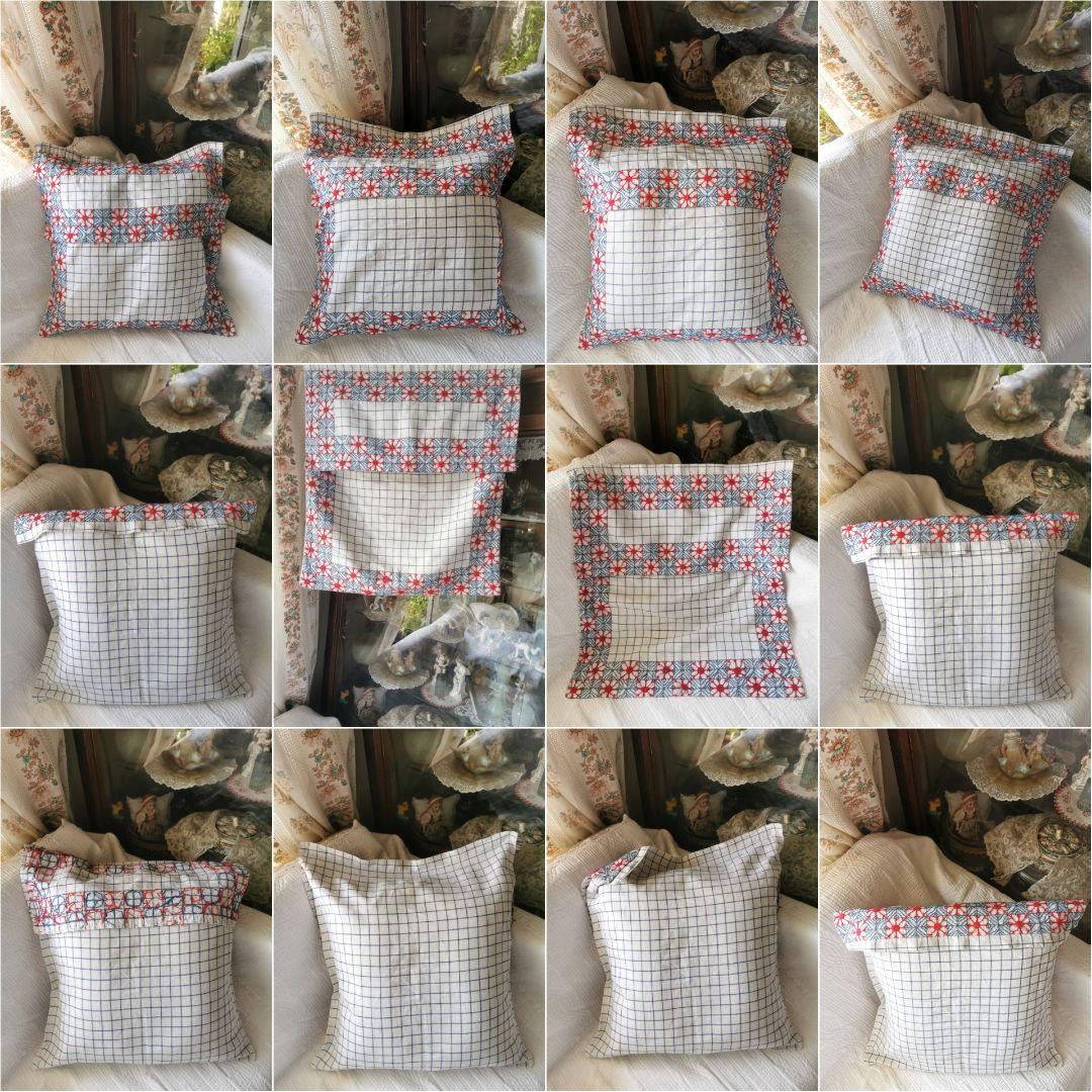 アンティークフランス 赤と青の手刺繍 クッションカバー 衣装ケース タペストリー