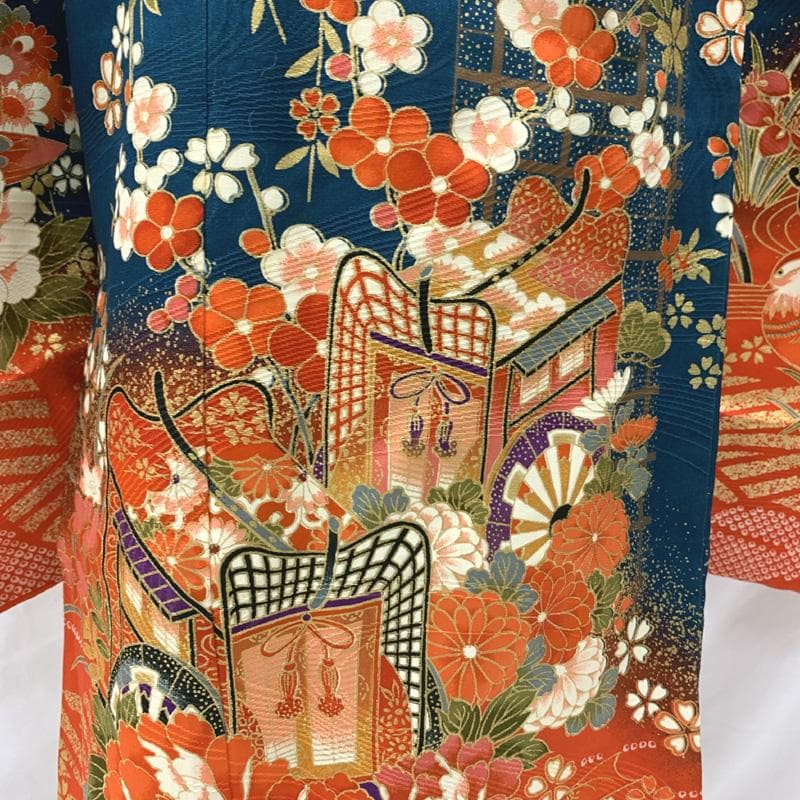 601ag46□七五三 七歳 女児 着物&袋帯 金彩 御所車 鴛鴦□状態良好