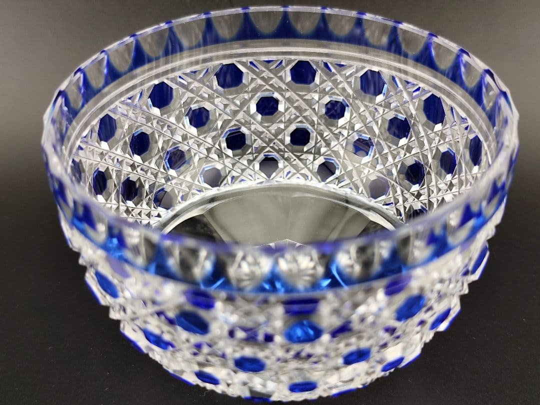 超希少品☆江戸切子 須田秀石 小鉢 瑠璃被 籠目紋（切子、江戸切子、薩摩切子）