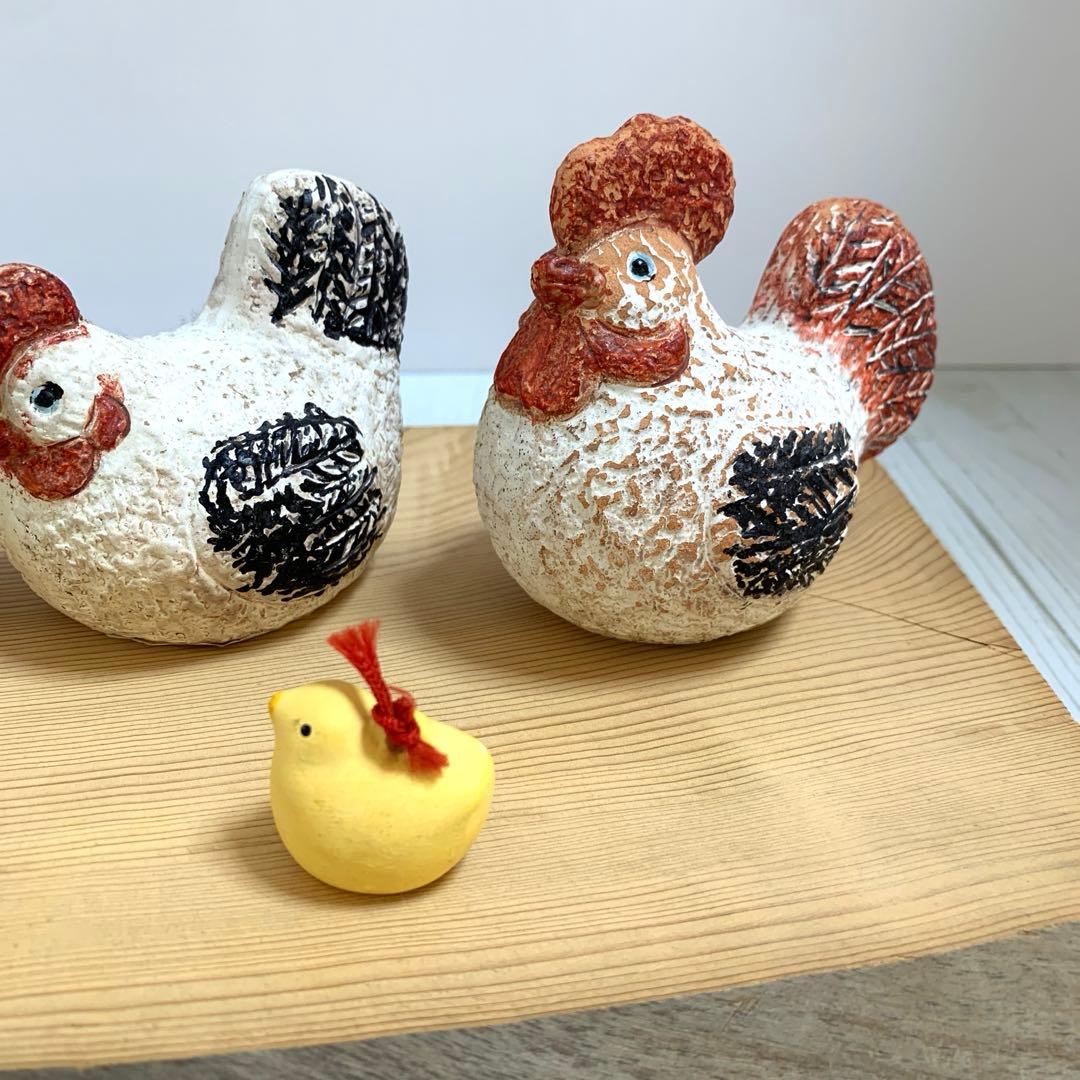 D☆ レトロ　鶏　ひよこ　にわとり　親子　焼き物　土鈴　置物