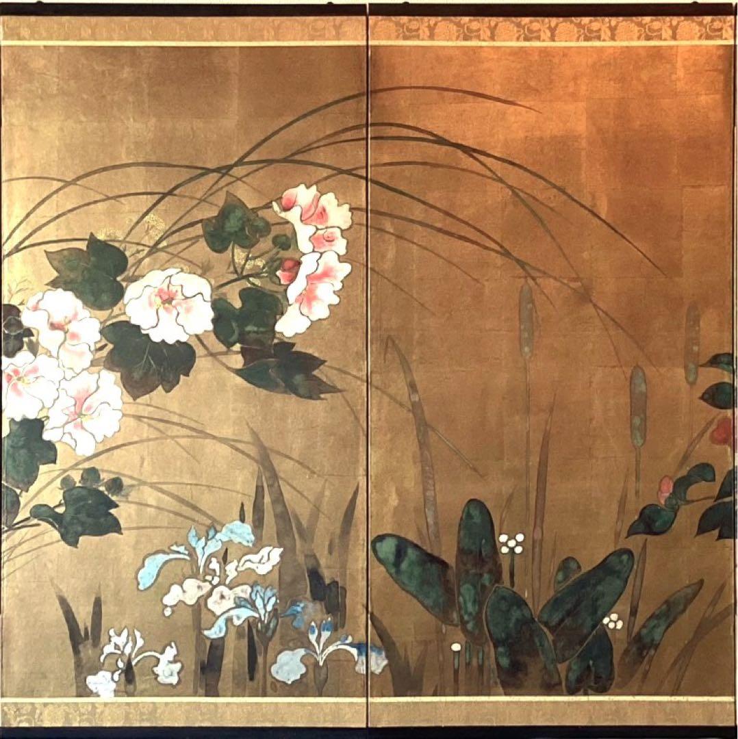 四つ折り屏風　日本画　金箔彩色　『牡丹に梅』