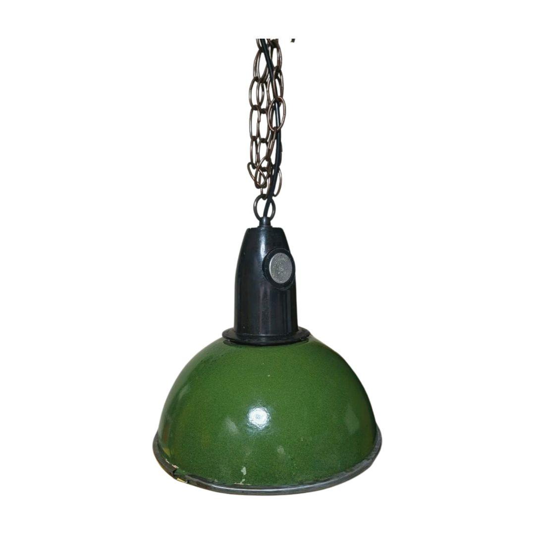 希少　ソビエト時代の雰囲気漂う、グリーンエナメル＆ガラスドームのペンダントライト