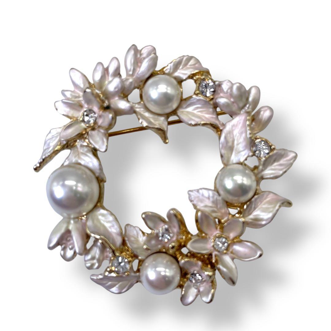 VENDOME BOUTIQUE 貝パール リースブローチ ストーン フラワー