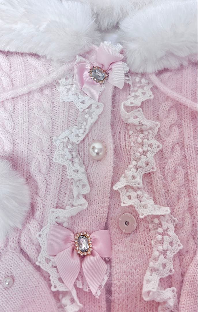 LIZLISA リズリサ ポンポンリボンニットファーポンチョ ピンク