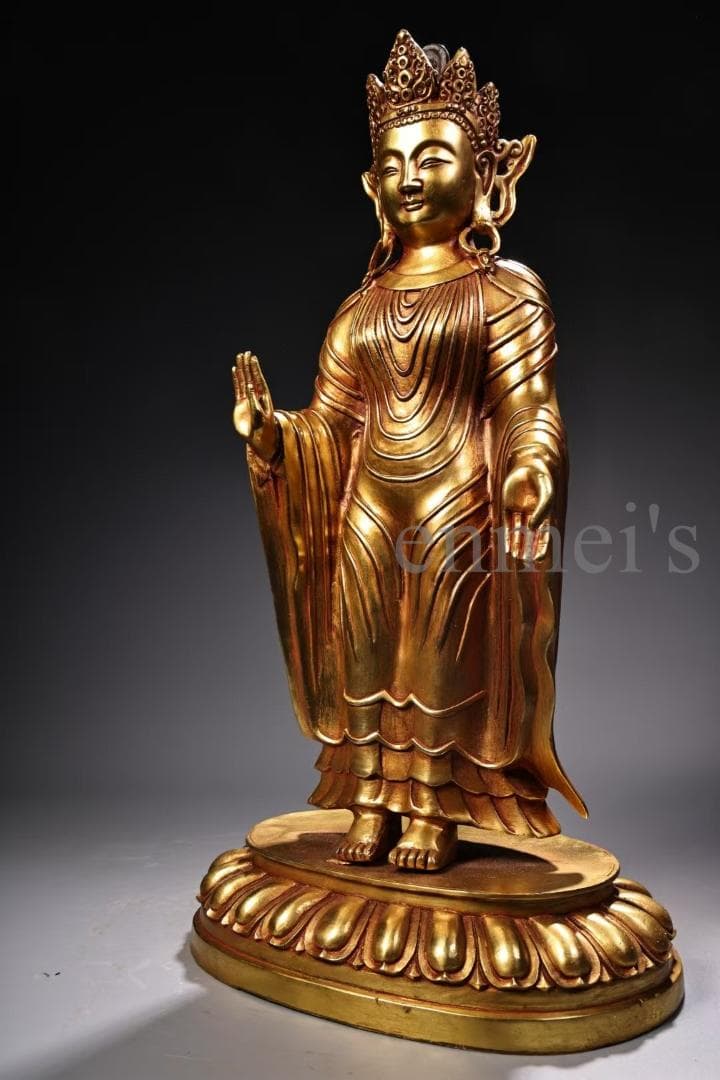 中国古美術・純銅製・鎏金仏像・北魏様式仏像／立像・仏教美術・高浮彫・風水置物