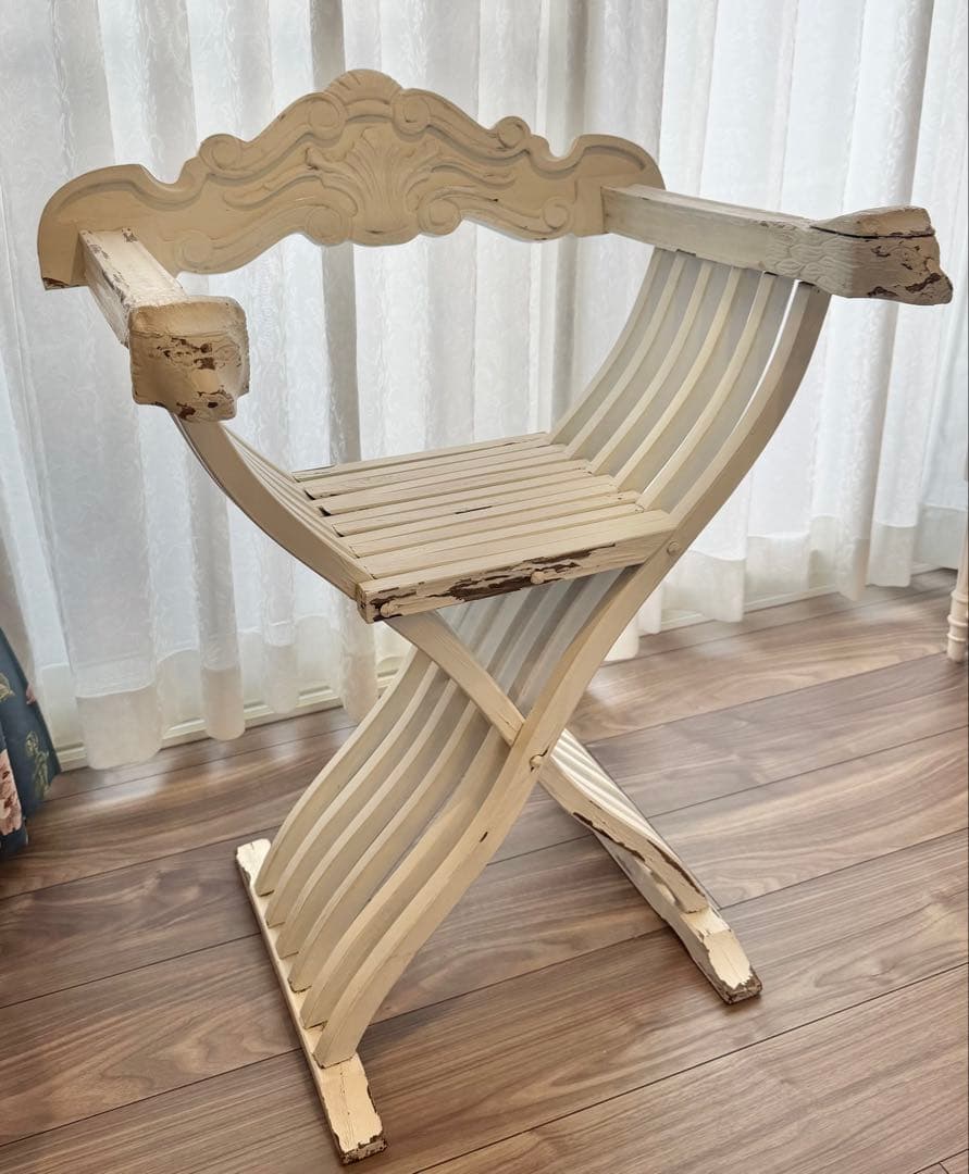 フランスアンティーク サボナローラチェア X脚 折りたたみ椅子 シャビーホワイト