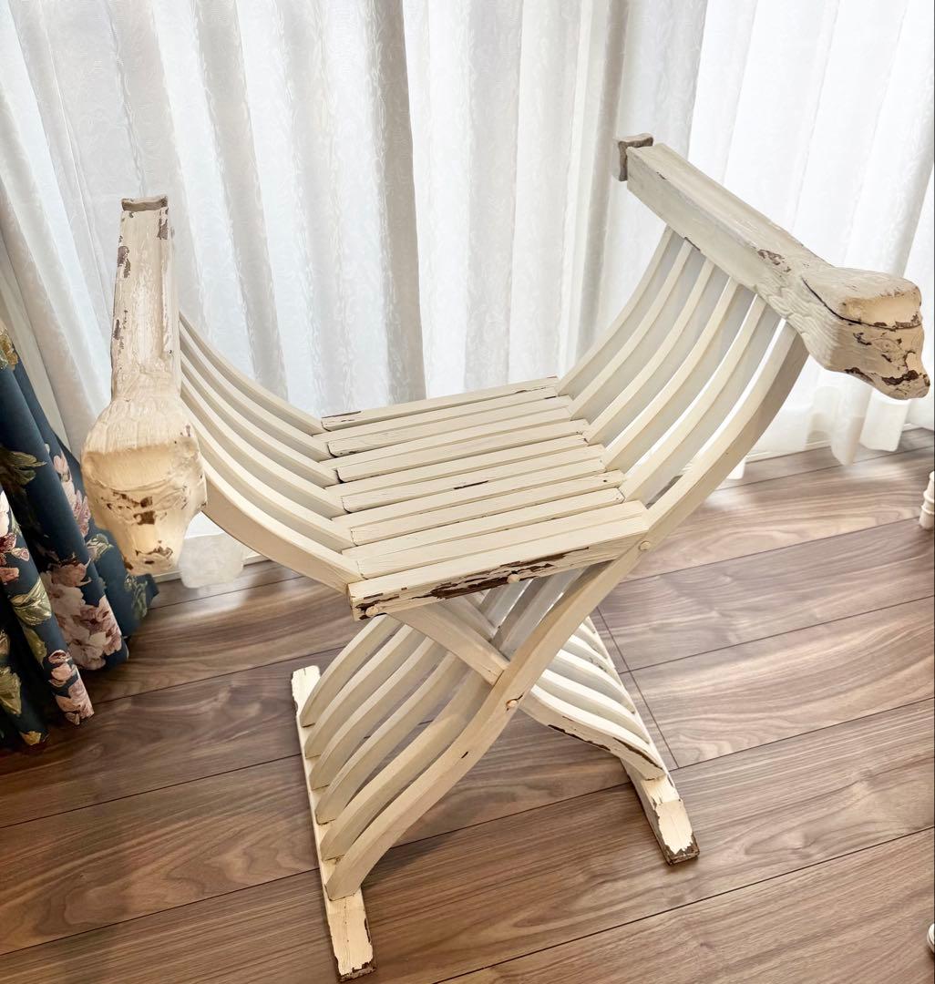 フランスアンティーク サボナローラチェア X脚 折りたたみ椅子 シャビーホワイト