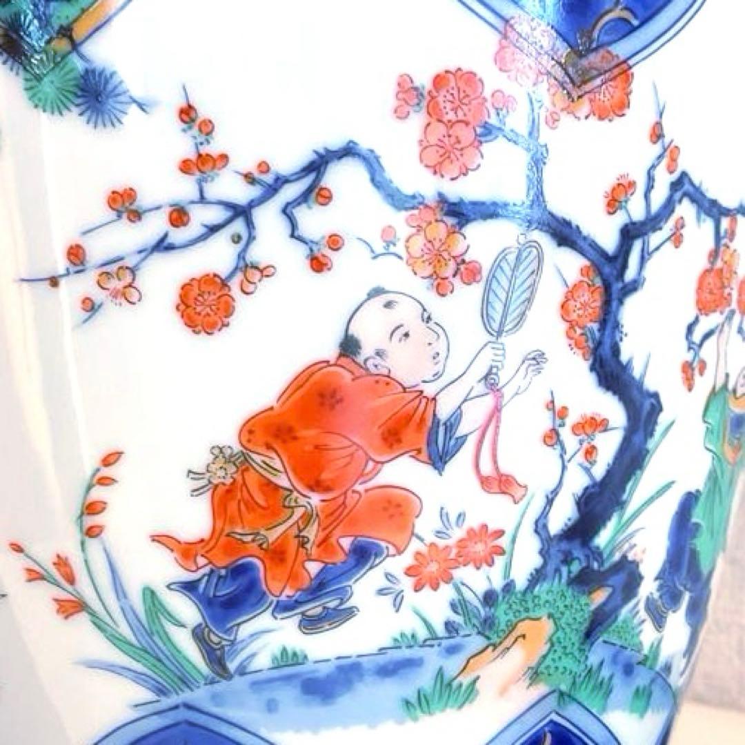 【新品】若山窯　唐絵柄陶器花びん 昭和レトロ 唐絵 骨董 手描き花瓶 置物