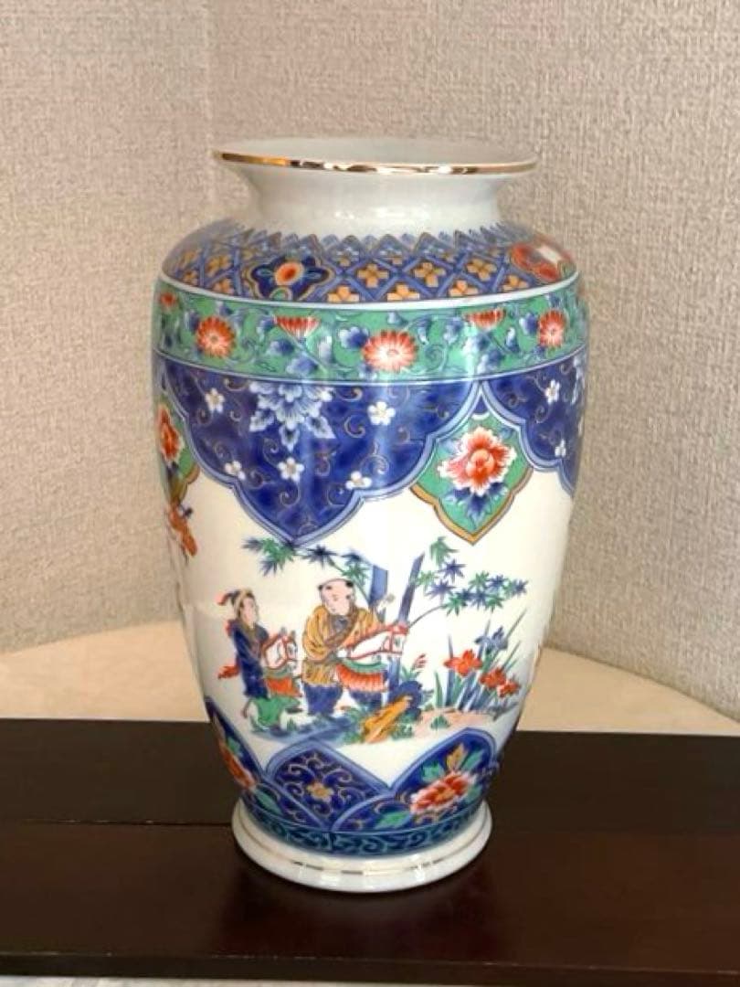 【新品】若山窯　唐絵柄陶器花びん 昭和レトロ 唐絵 骨董 手描き花瓶 置物