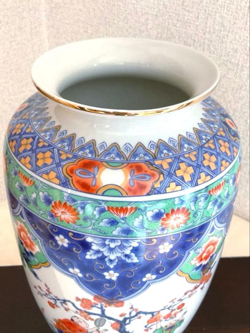 【新品】若山窯　唐絵柄陶器花びん 昭和レトロ 唐絵 骨董 手描き花瓶 置物
