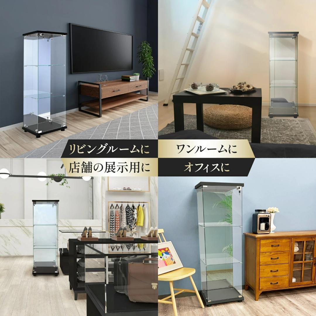 ショーケース ガラスケース 背面ミラー付き 3段 片扉タイプ 鍵付き（ブラック）