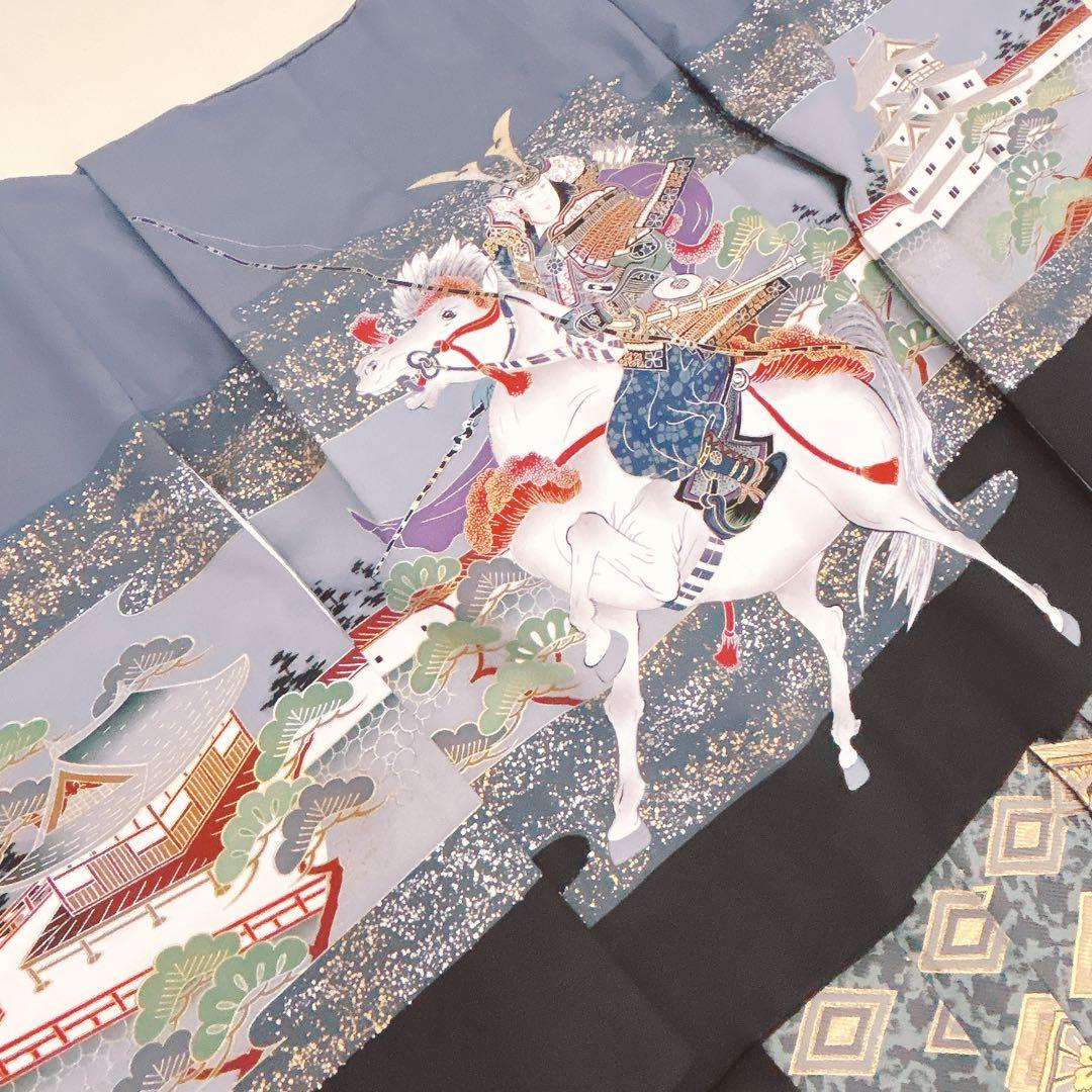 七五三5歳男の子　羽織袴セット　グレー黒　騎馬柄