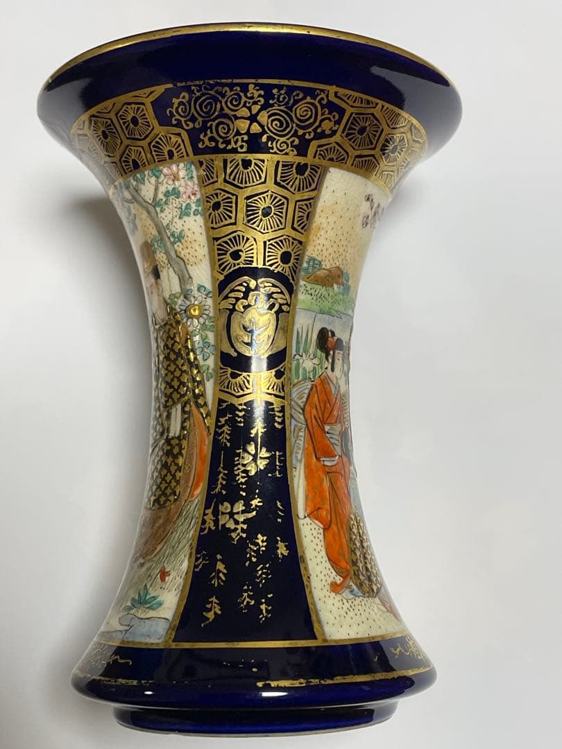 京薩摩　瑠璃金蘭手人物図広口小瓶　楠部造　古美術　骨董　直しあり