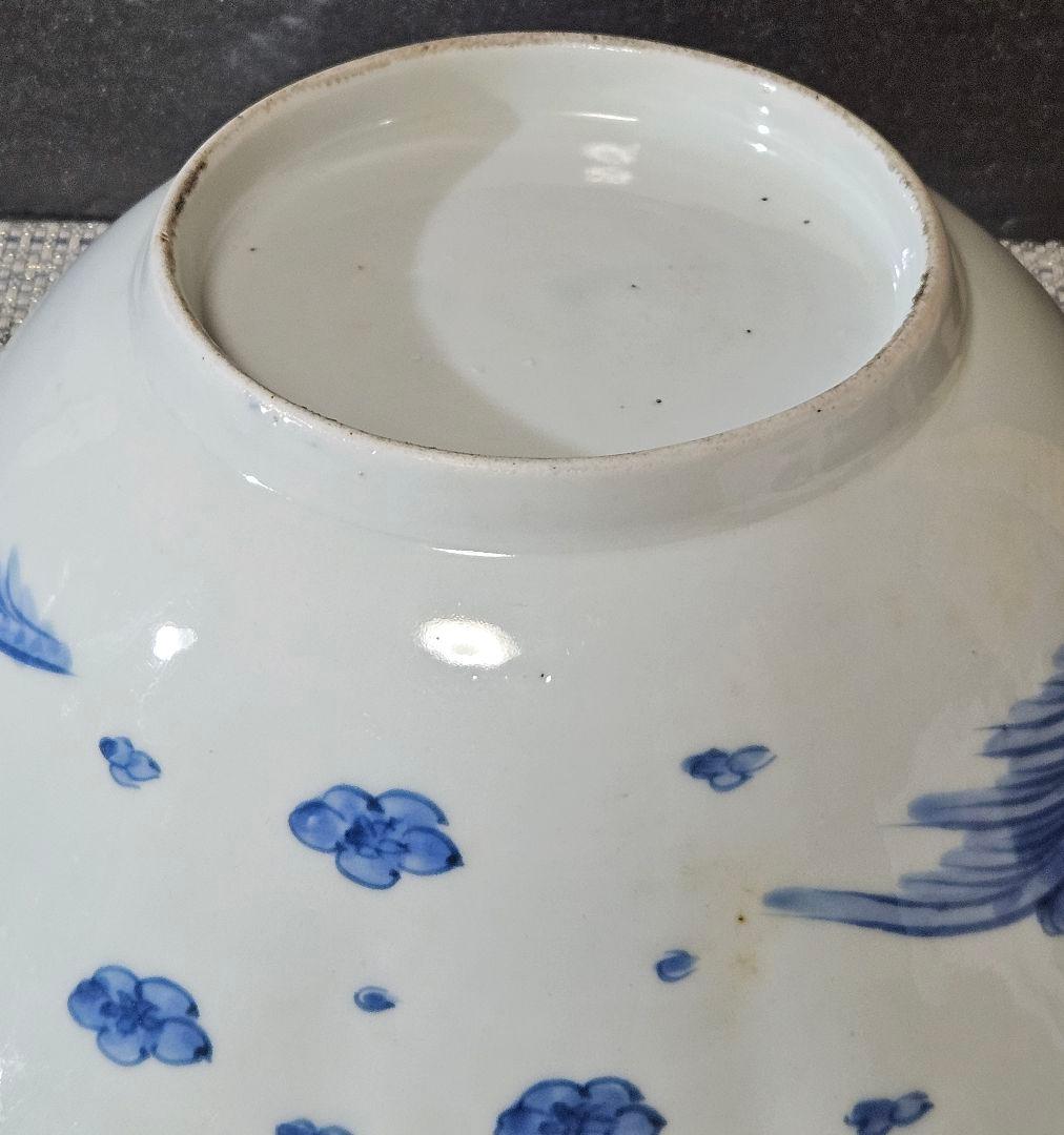 江戸時代後期　古伊万里　染付　鶴に小鳥に 松竹の図　27.8cm　大鉢　盛り器