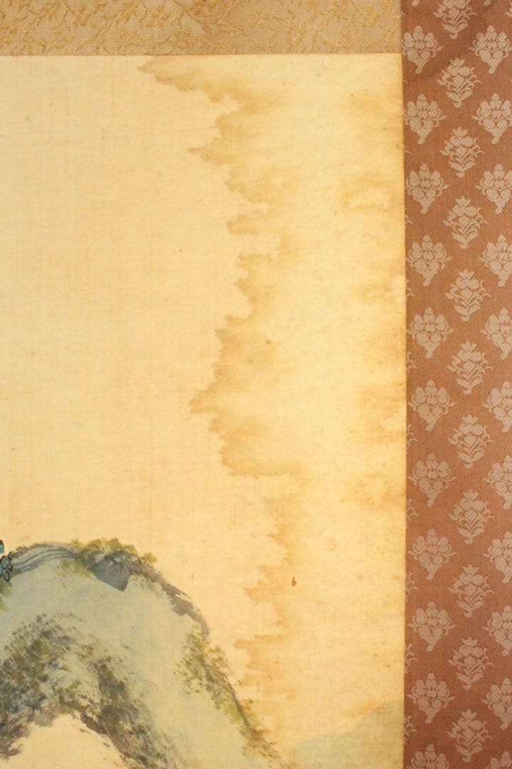 No5217 掛軸　雲外山人　在銘　青緑山水人物画　山水　着色絹本　送料無料